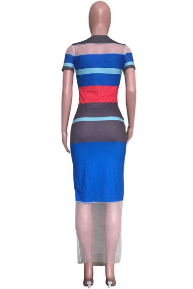 Hot Fashion Round Neck Short Sleeve Stripes Printed Mesh Patch Bodycon Maxi Dress