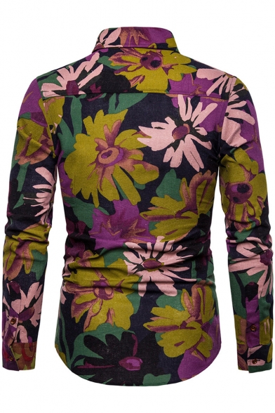 Hot Popular Floral Pattern Spread Collar Long Sleeve Button Up Slim Shirt