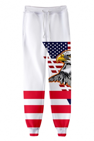 Independence Day Flag Eagle Pattern Drawstring Waist Unisex White Sport Sweatpants Jogger Pants