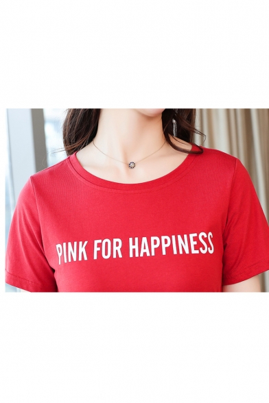 Letter PINK FOR HAPPINESS Printed Round Neck Short Sleeve Tied Waist Dipped Hem Midi A-Line T-Shirt Dress