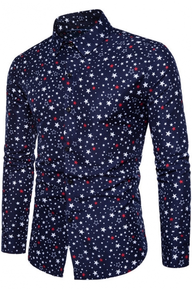 Men's Fashion Allover Five-Point Star Print Long Sleeve Slim Fitted Button Formal Shirt
