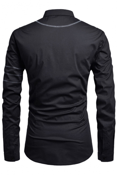 Mens Stylish Contrast Piping Long Sleeve Fitted Button Down Shirt