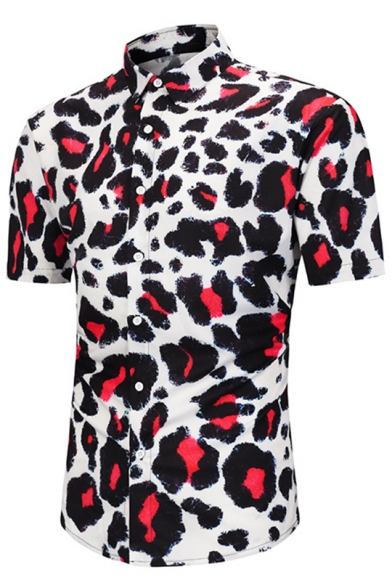 Mens Summer Cool Street Fashion Leopard Printed Short Sleeve Casual Relaxed Shirt