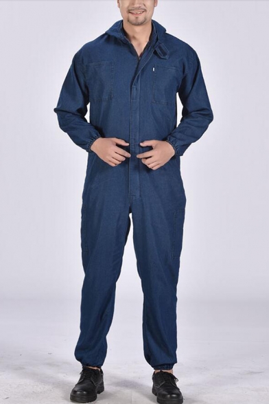 Mens Trendy Denim Blue Simple Solid Color Hooded Long Sleeve Dust-Proof Workwear Mechanic Coveralls
