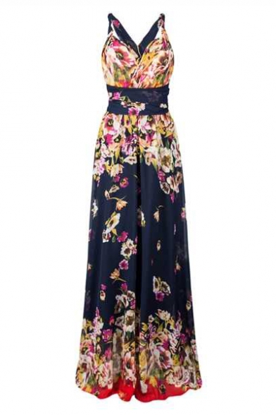 Floral Pattern V-Neck Sleeveless Bow-Tied Waist Maxi Slip Chiffon Dress