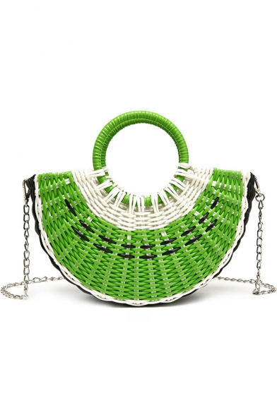 New Stylish Colorblock Straw Beach Bag Ring Handbag Tote Bag with Chain Strap 28*8*17 CM