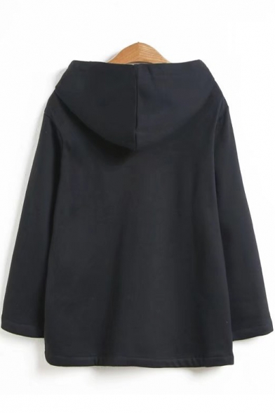 New Stylish Women's Solid Color Drawstring Hood Long Sleeve Black Hoodie