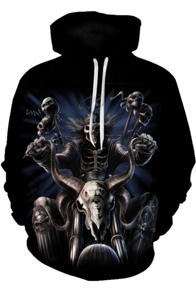 New Trendy 3D Skull Beast Printed Long Sleeve Casual Black Hoodie