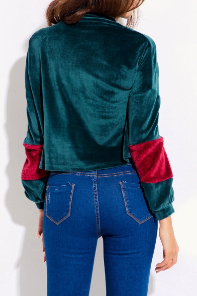 New Trendy Colorblock Long Sleeve High Neck Green Sweatshirt