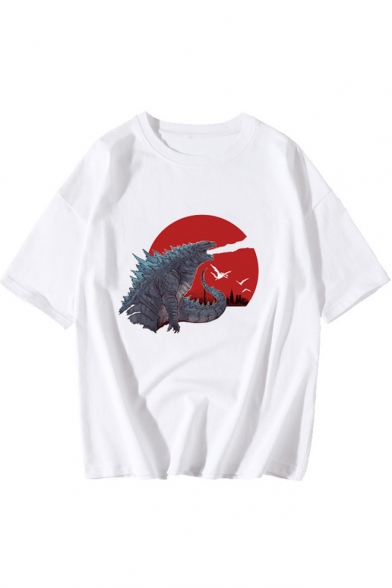 New Trendy King of the Monsters Basic Round Neck Short Sleeve White Relaxed T-Shirt