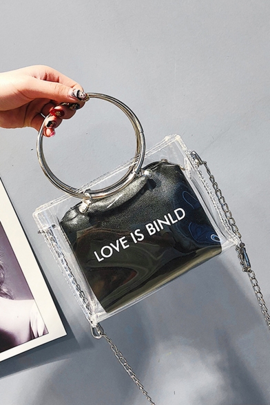 New Trendy Letter LOVE IS BINLD Printed Metal Ring Handle Transparent Satchel Tote Bag 17*7*12 CM