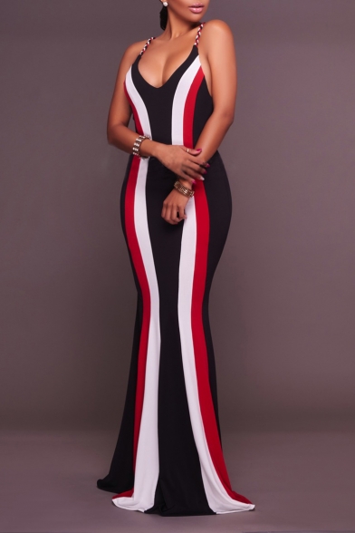 New Trendy Plunge Neck Sleeveless Stripes Printed Strappy Back Length Floor Bodycon Black Dress