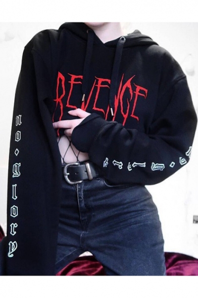 Popular Letter Embroidered Drawstring Long Sleeve Black Cropped Hoodie