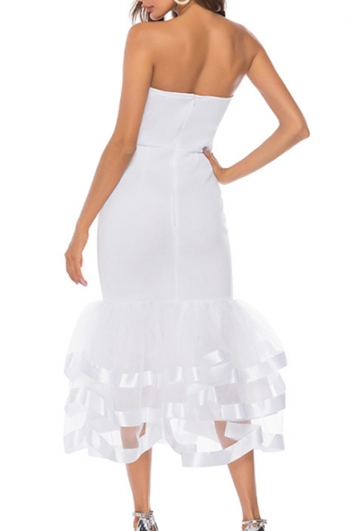 Sexy White Plain Off the Shoulder Sleeveless Zip Back Mesh Patched Midi Tutu Party Dress