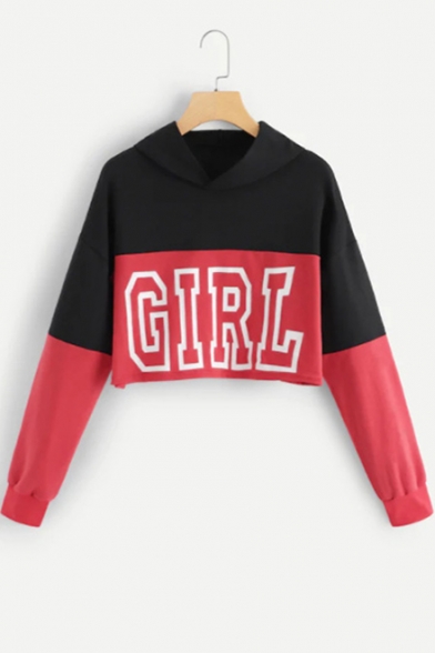 Simple Letter GIRL Color Block Long Sleeve Cropped Pullover Red Hoodie