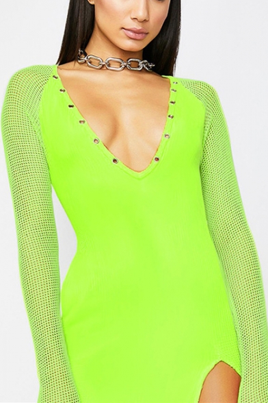 Stylish Flourescent Green Sexy V-Neck Mesh Panel Long Sleeve Split Side Mini Bodycon Club Dress