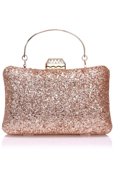 Stylish Plain Metal Rhinestone Buckle Top Handle Sequined Evening Bag Clutch Handbag 20*6*12 CM