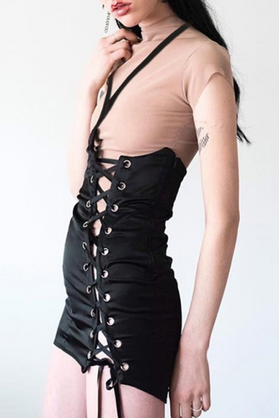 Summer Cool Girls Punk Style Halterneck Stylish Hollow Out Lace-Up Side Mini Bodycon Black Dress