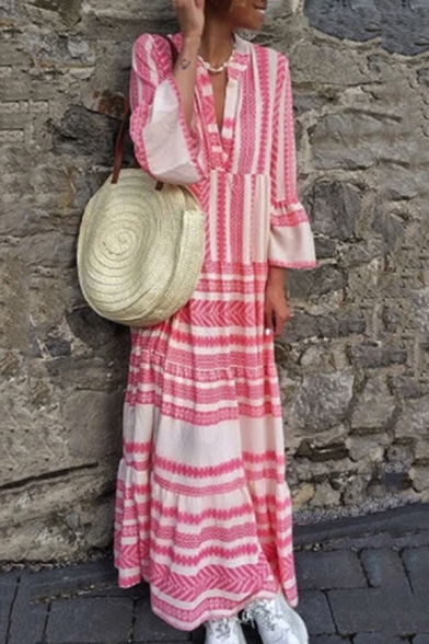 Summer Fashion Tribal Pattern V-Neck Bell Sleeve Maxi Holiday Beach Linen Dress for Women