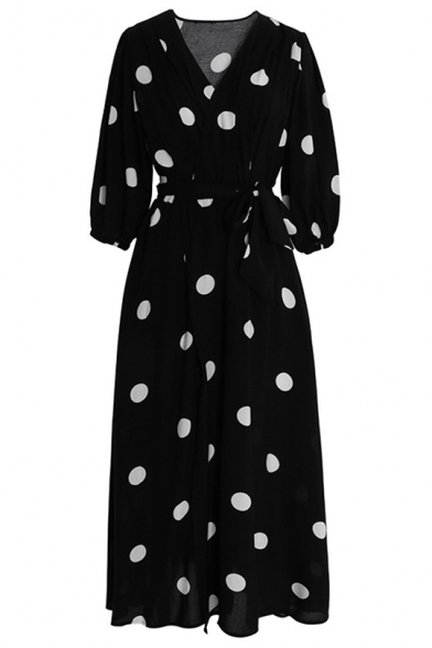 Summer Girls Vintage Black Polka Dot Printed V-Neck Half Sleeve Maxi A-Line Wrap Dress