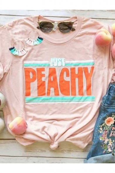 Summer New Stylish Round Neck Short Sleeve Letter JUST PEACHY Print Pink T-Shirt