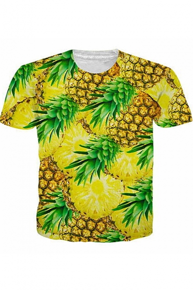 Summer Popular Pineapple Printed Round Neck Short Sleeve Yellow T-Shirt