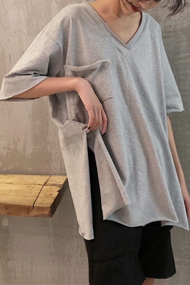 Summer Popular Simple Plain V-Neck Short Sleeve Split Side Oversized Cotton T-Shirt