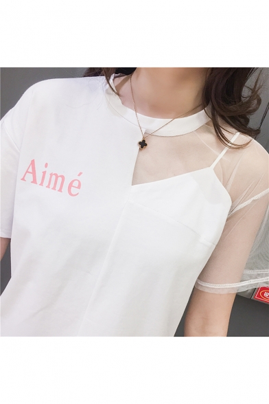 Summer Simple Letter AIME Print Mesh Panel Short Sleeve Casual Loose T-Shirt