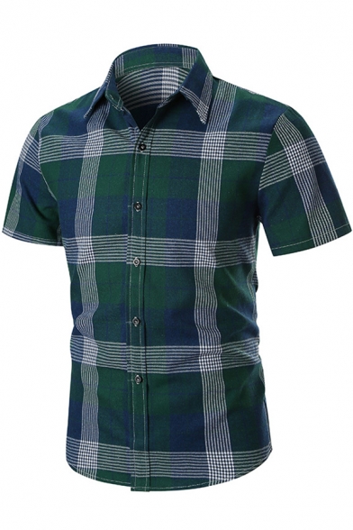 Summer Stylish Plaid Check Print Short Sleeve Business Fitted Shirt for Men
