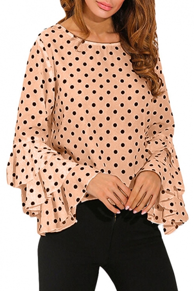Summer Trendy Classic Polka Dot Printed Round Neck Layer Ruffled Flared Sleeve Loose Blouse Top
