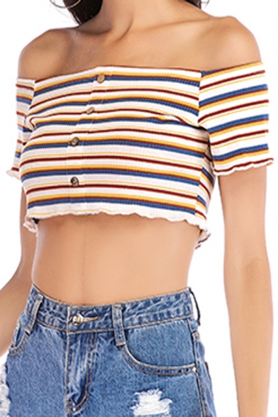 Summer Trendy Colorful Striped Printed Off the Shoulder Short Sleeve Button Down Crop Tee