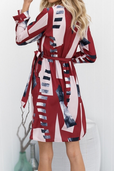 Summer Trendy Geometric Pattern Round Neck Long Sleeve Tied Waist Midi A-Line Dress