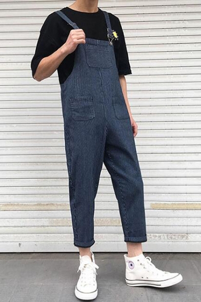 Summer Trendy Striped Printed Rolled Cuff Casual Loose Unisex Tapered Pants Bib Overalls