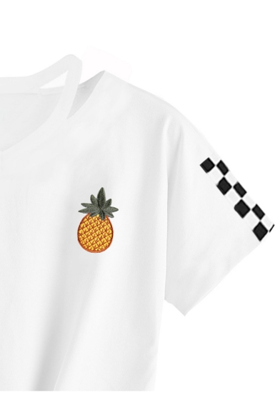 Summer V-Neck Plaid Short Sleeve Simple Pineapple Print Tied Hem Casual Crop Tee
