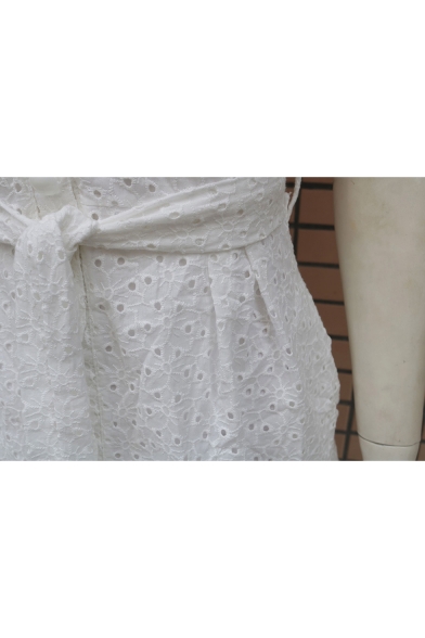 Summer Vintage Square Neck Ruffled Hem Tied Waist Button Down White Crochet Midi Bodycon Dress
