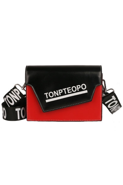 TONPTEOPO Letter Print Colorblock PU Leather Crossbody Bag 14*20*6 CM