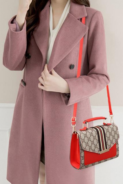 Trendy Color Block Stripe Patched Printed Red PU Leather Crossbody Satchel Bag 20*7*14 CM