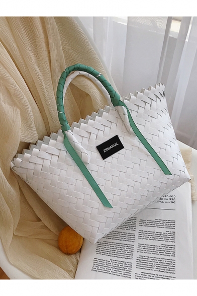 Trendy Letter Patchwork Large Capacity Woven Basket Bag Tote Bag 32*20*13 CM