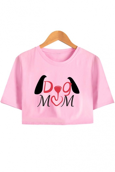 Unique Cute Letter DOG MOM Print Round Neck Short Sleeve Crop Tee
