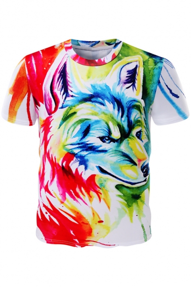 Unique Stylish 3D Wolf Painting Printed Short Sleeve White Tee
