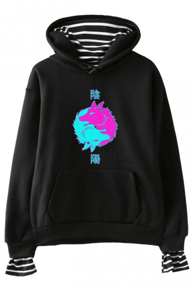 Vaporwave Stylish Double Wolf Printed Fake Two-Piece Casual Loose Hoodie