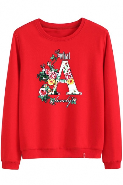 WHAT A LOVELY Letter Floral Printed Round Neck Long Sleeve Cotton Sweatshirt