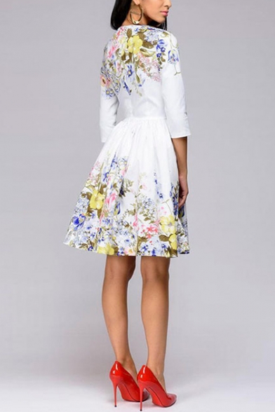 Women's Elegant Floral Print 3/4 Sleeve Round Neck Casual Midi A-Line White Dress