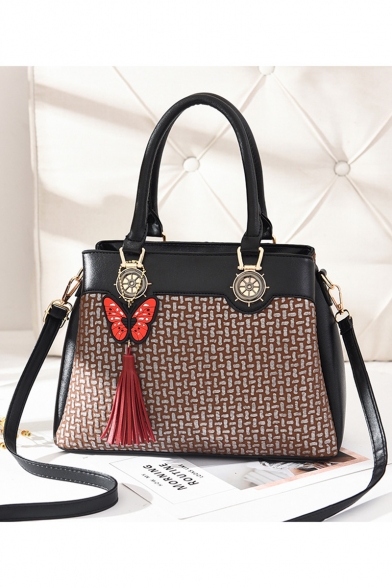 Women's Elegant Printed Metal Tassel Butterfly Embellishment Commuter Satchel Handbag 31*13*22 CM