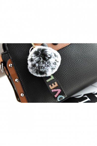 Women's Fashion Colorblock River Button Plush Ball Ribbon Embellishment Commuter Satchel Handbag 25*11*19 CM