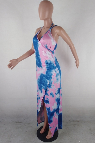 Women's Hot Fashion Halter Neck Sleeveless Tie-dye Printed Split Side Maxi Slip Pink Dress