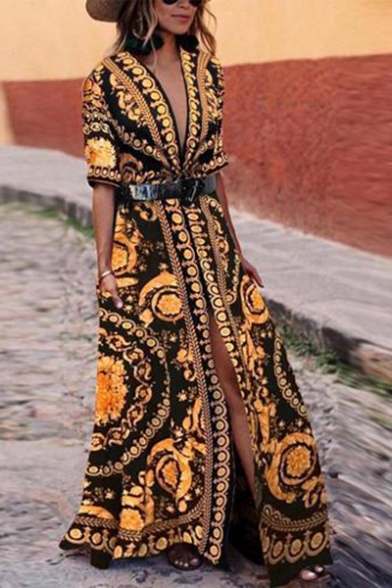 Women's Hot Fashion V-Neck Half Sleeve Tribal Printed Split Side Belted Maxi Swing Black Dress