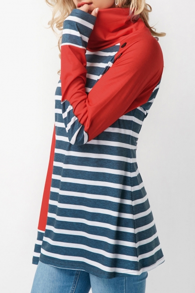Women's Red and Blue Color Block Stripe Patch High Neck Long Sleeve Button Detail T-shirt