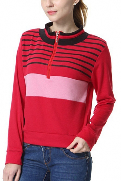 Women's Stripes Print Zipper Front Contrast Trim Stand Collar Long Sleeve Sweatshirt