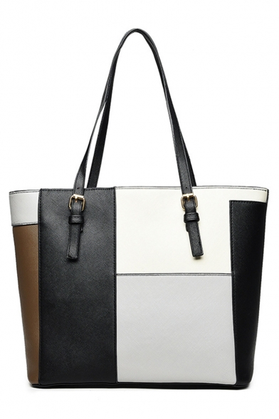 Women's Stylish Color Block Large Capacity PU Leather Shoulder Tote Bag for Work 31*12*28 CM